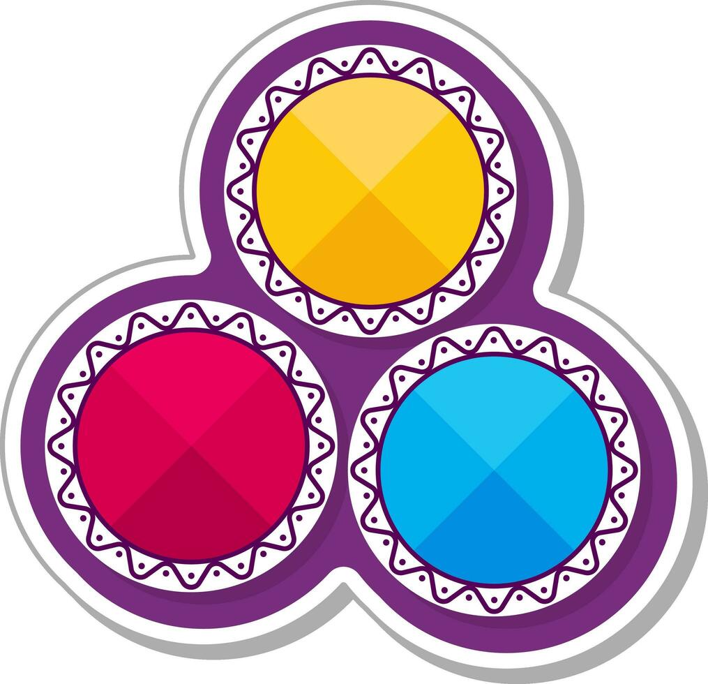 Top View Of Three Gulal Dry Paint Powder Plate Icon In Sticker Style. vector