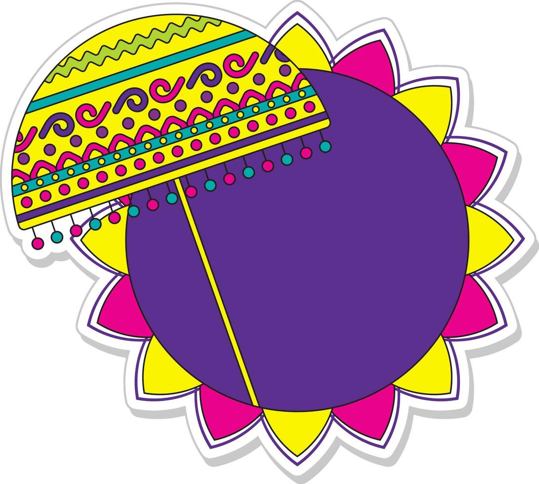 Sticker Style Onam Umbrella Olakkuda And Round Mandala Frame On White Background. vector