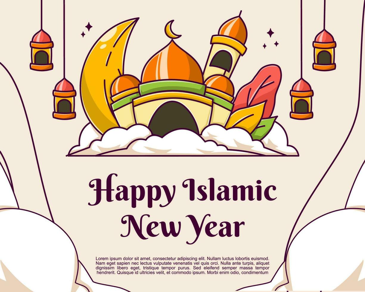 islámico nuevo año saludo con dibujos animados diseño vector