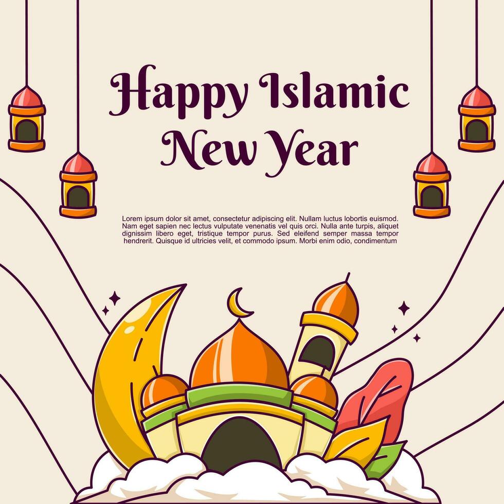 Islamic new year greeting with cartoon design vector