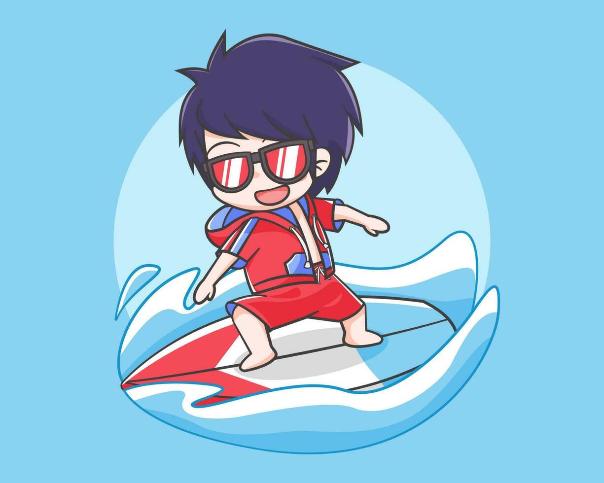 Cute boy in summer time cartoon illustration vector
