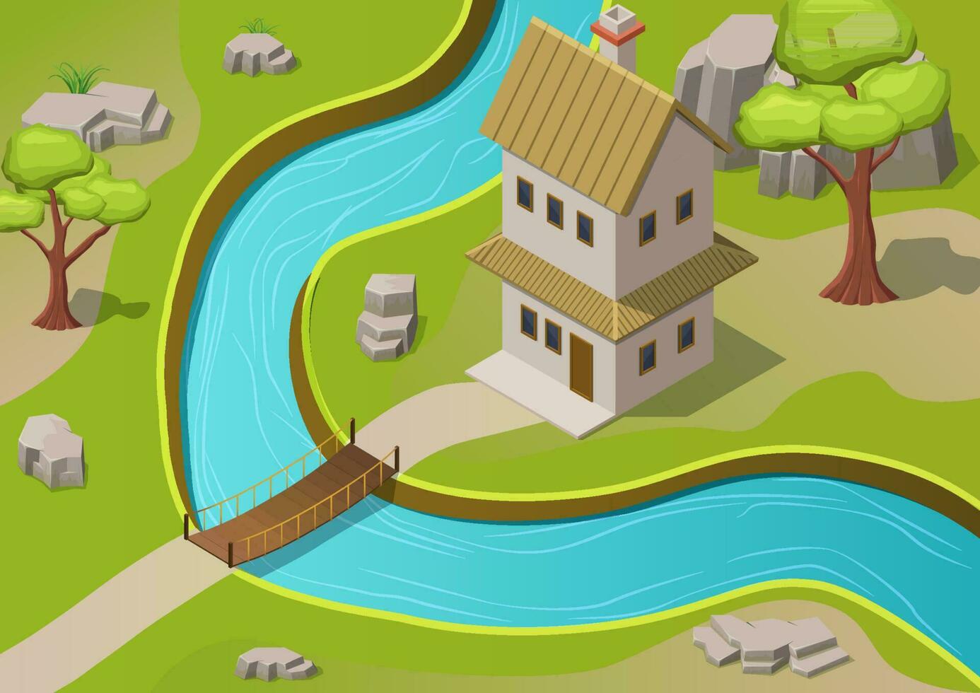 Isometric house with river vector