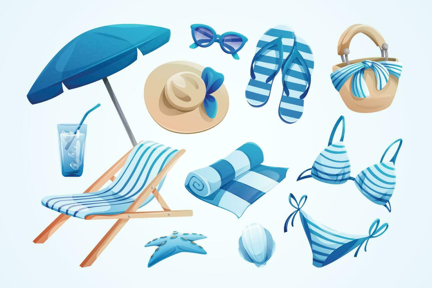 Blue color themed summer element set vector