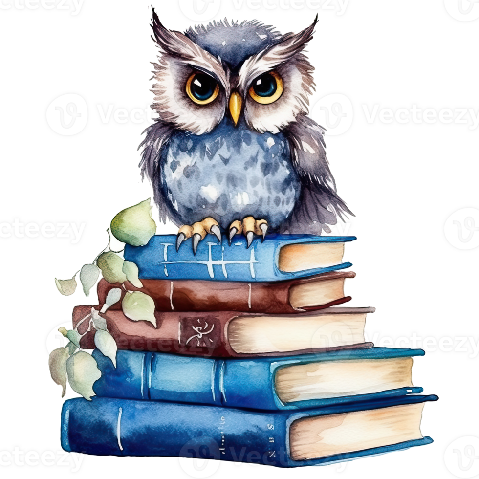 Watercolor Owl with books isolated. Illustration png