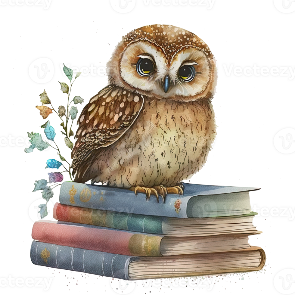 Watercolor Owl with books isolated. Illustration png