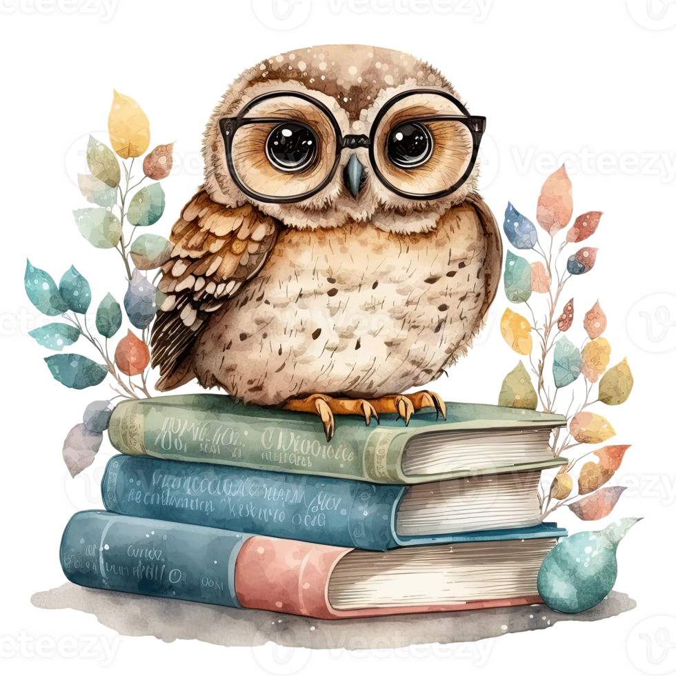 Watercolor Owl with books isolated. Illustration png