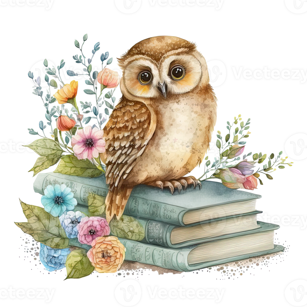 Watercolor Owl with books isolated. Illustration png