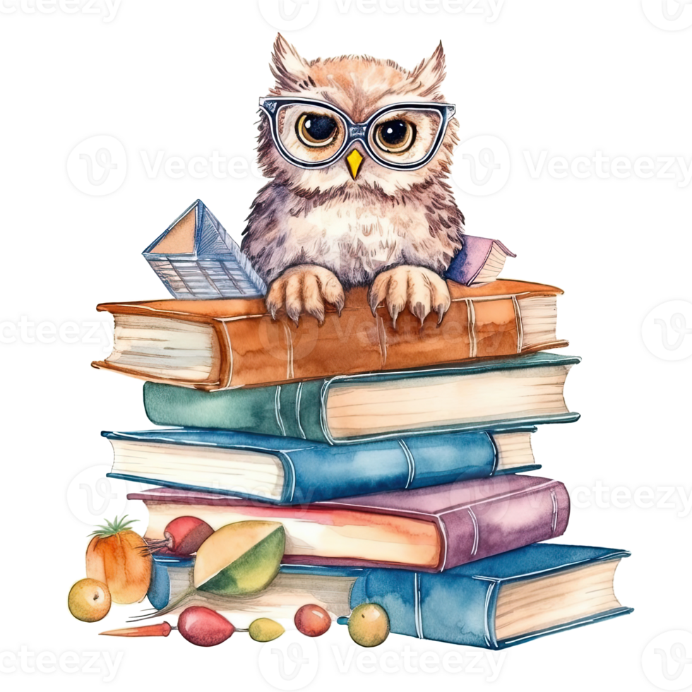 Watercolor Owl with books isolated. Illustration png