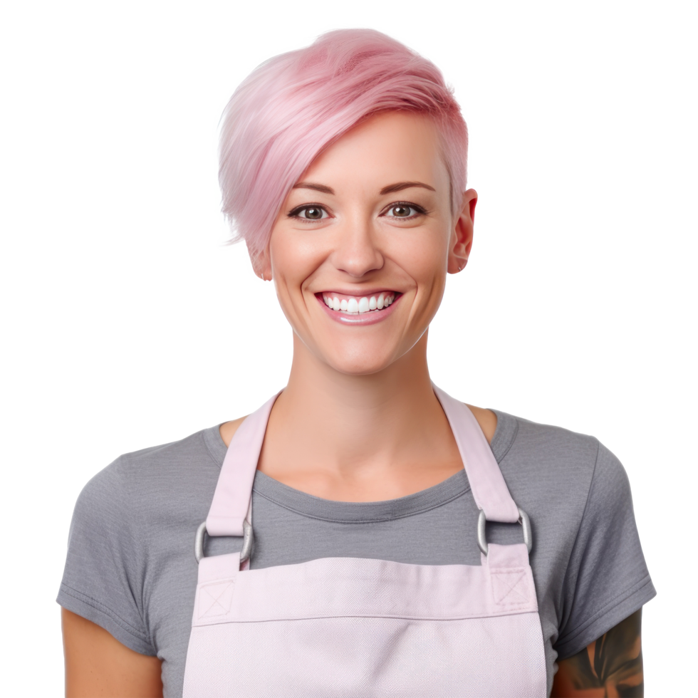 Happy woman , small business owner in casual wearing grey apron, isolated. Illustration png