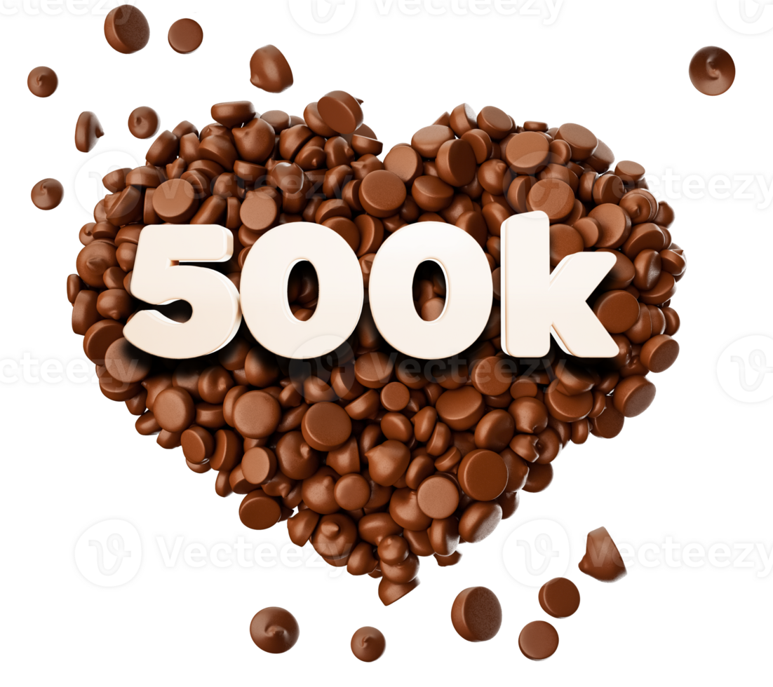 500k gostam de texto 3d em pedaços de chocolate amam ilustração 3d png