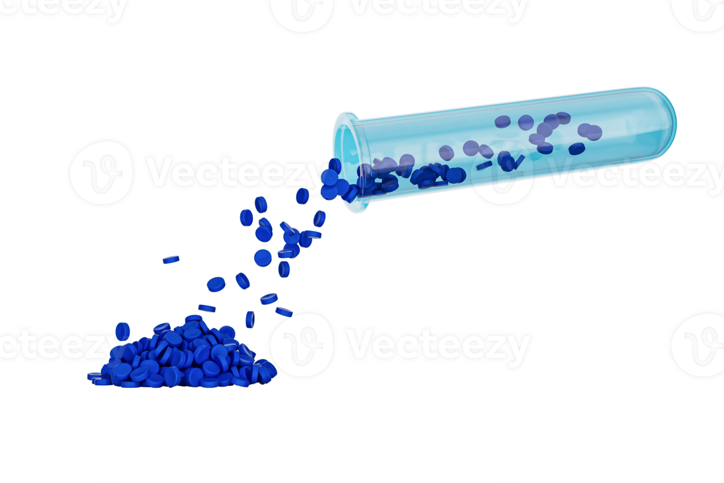 blauw polymeer plastic kraal polymeer hars in monster test buis, plastic granuleren voor injectie gieten werkwijze 3d illustratie png