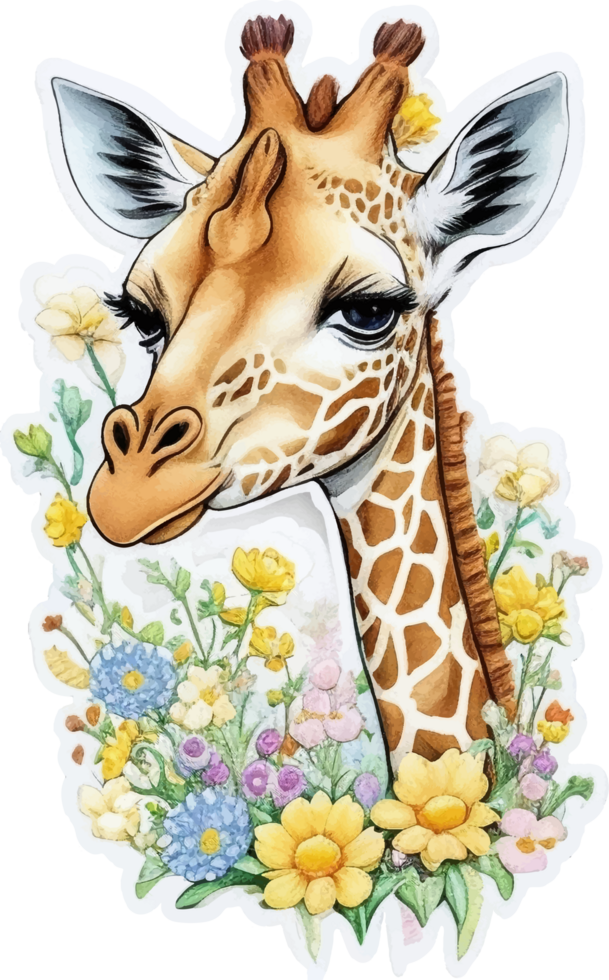 girafe tête avec fleur autocollant ai génératif png