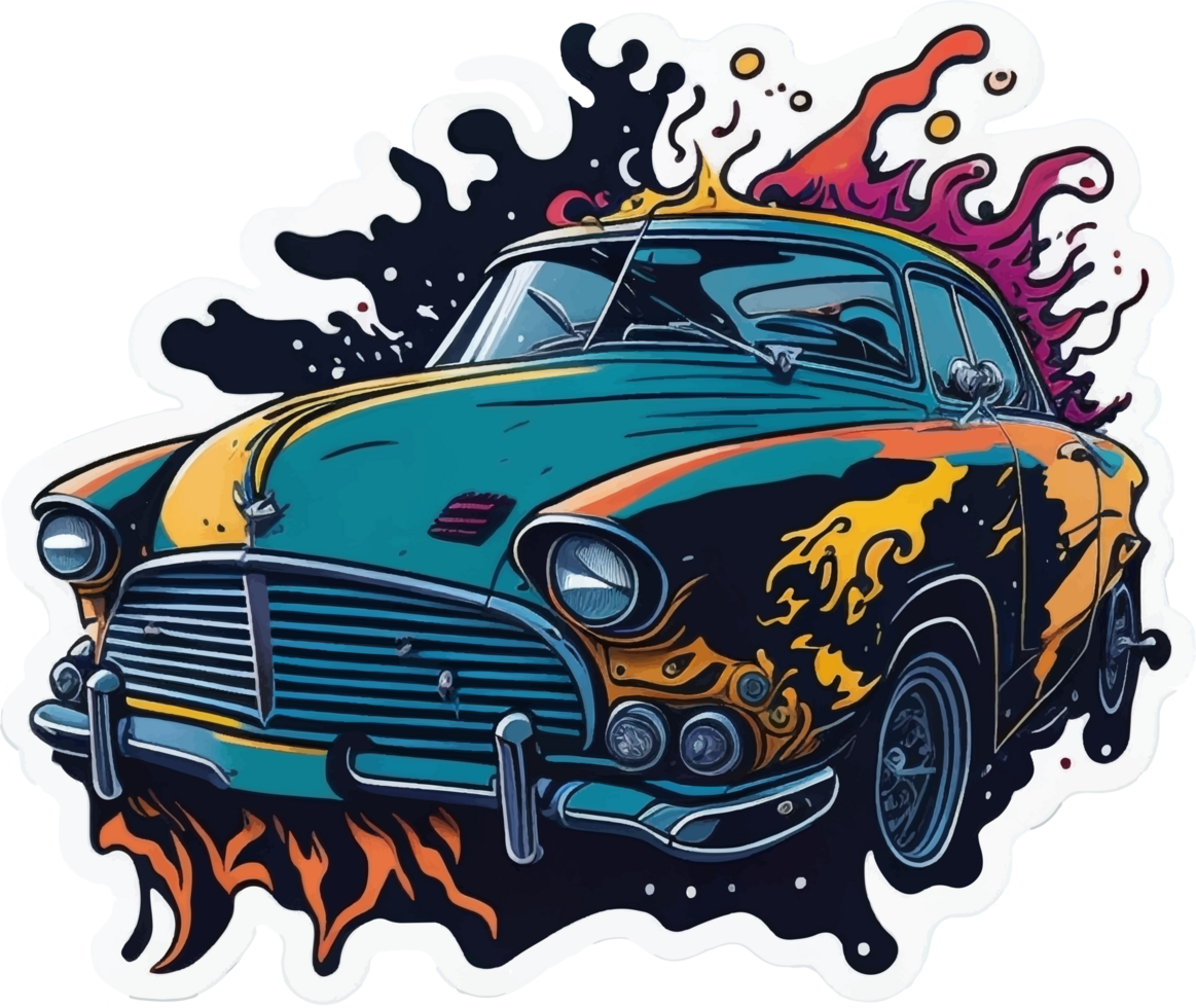 retro antiguo coche con chapoteo Arte estilo pegatina ai generativo png