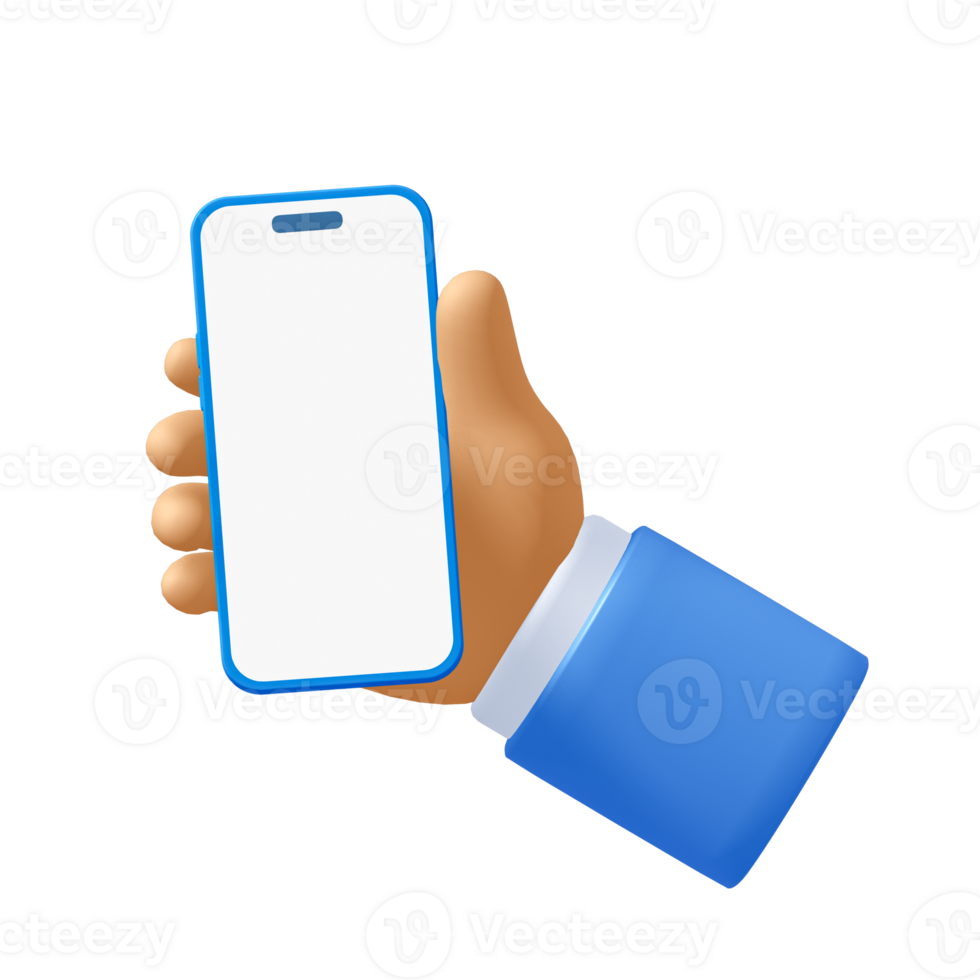 Cartoon businessman character hand holding mobile phone with white screen png