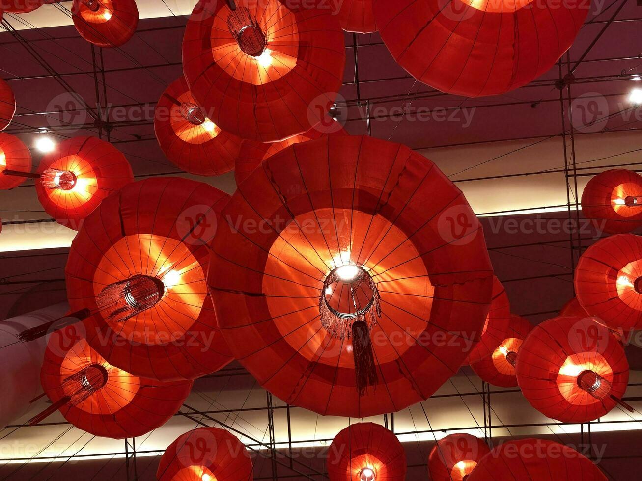 Chinese paper lantern hanging from temple sealing photo
