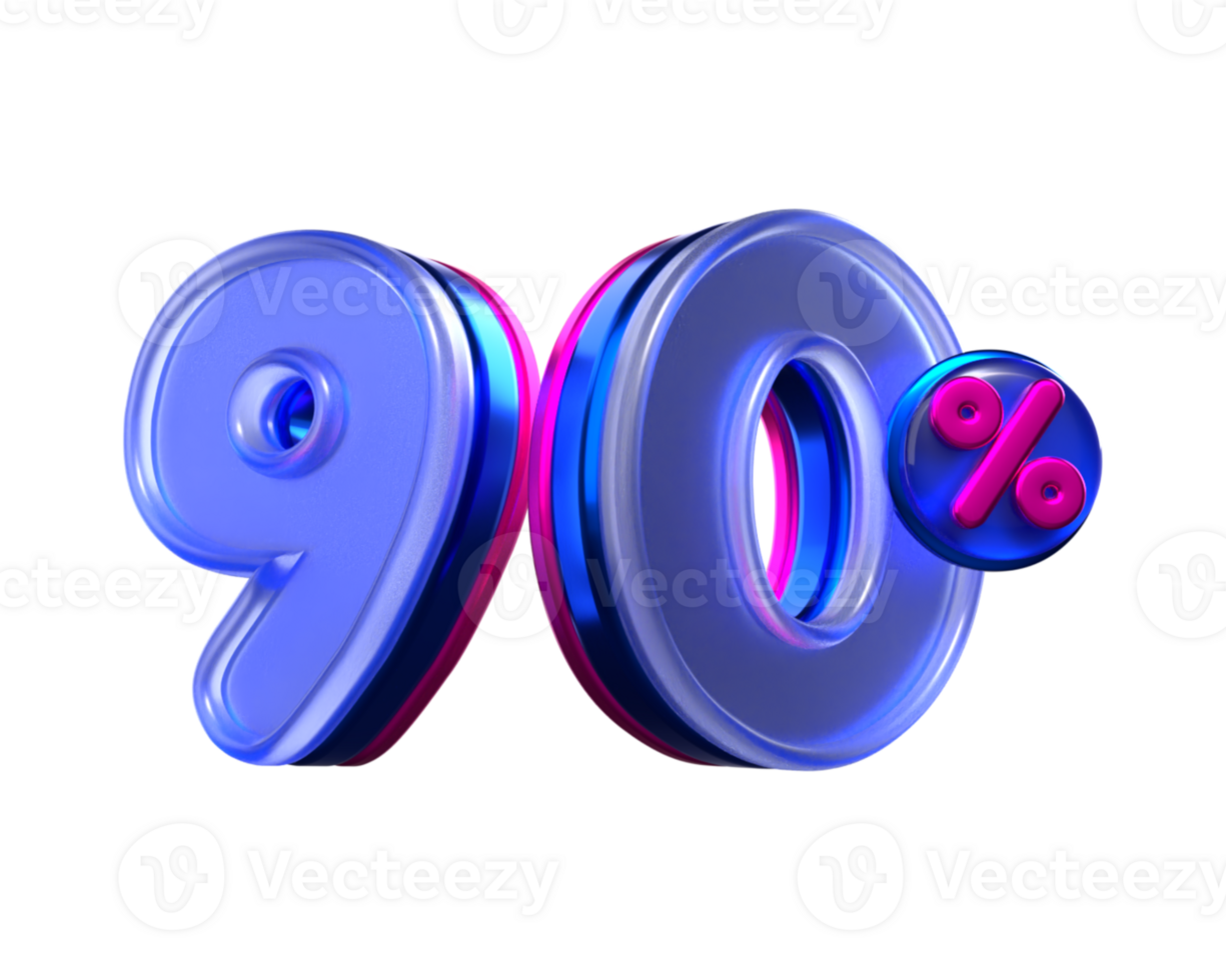3D number 90 percentage sale discount purple, pink, neon colors