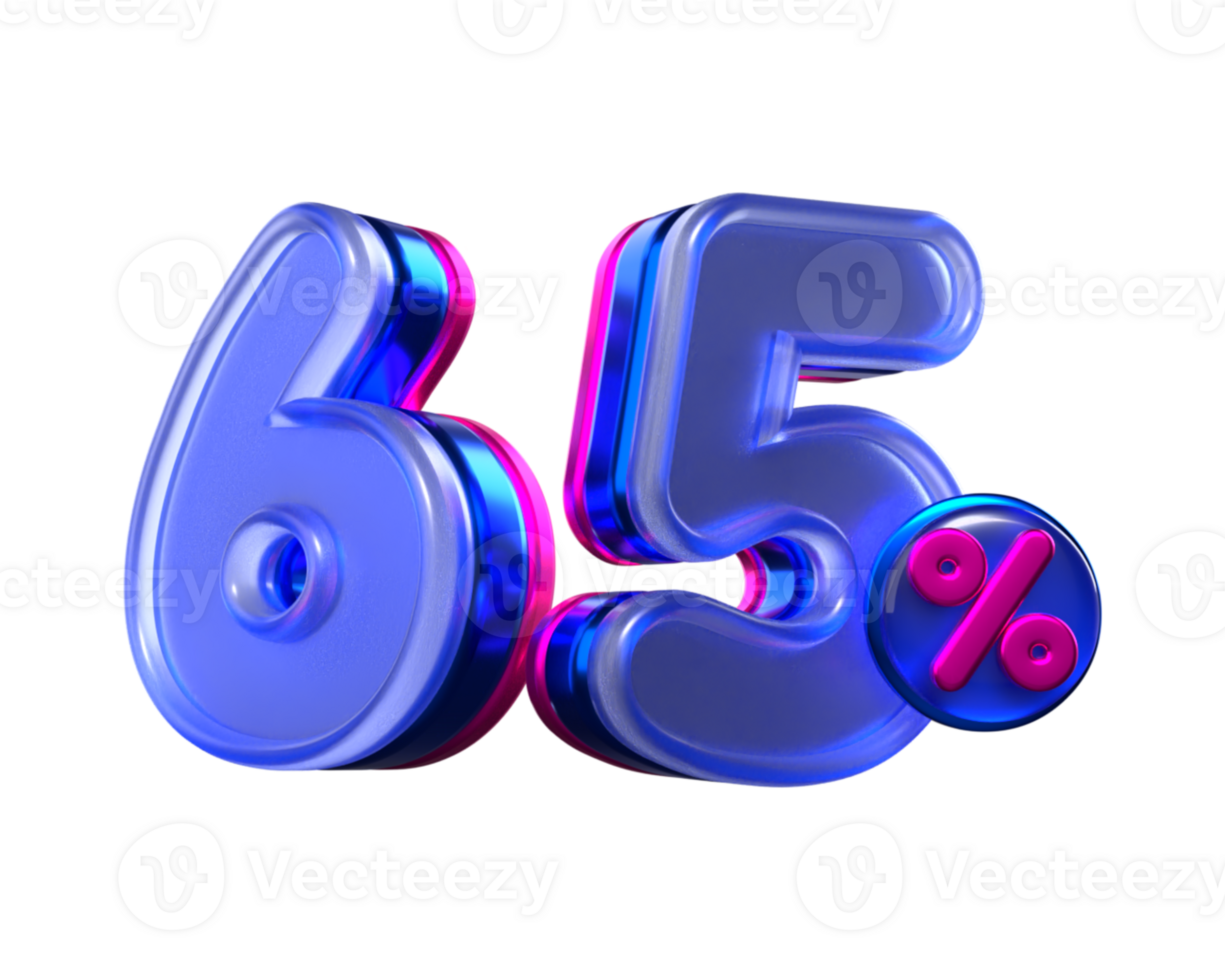 3D number 65 percentage sale discount purple, pink, neon colors png