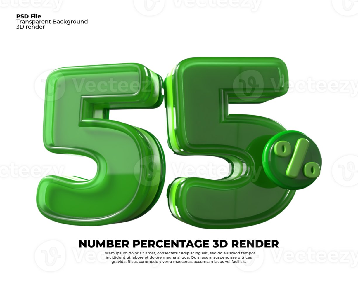 3D number 55 percentage sale discount green plastic png