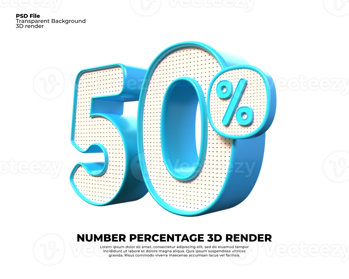 3D number 50 percent discount render PNG color blue