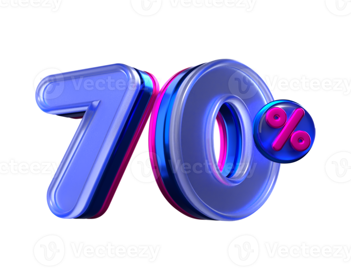 3d numero 70 percentuale vendita sconto viola, rosa, neon colori png