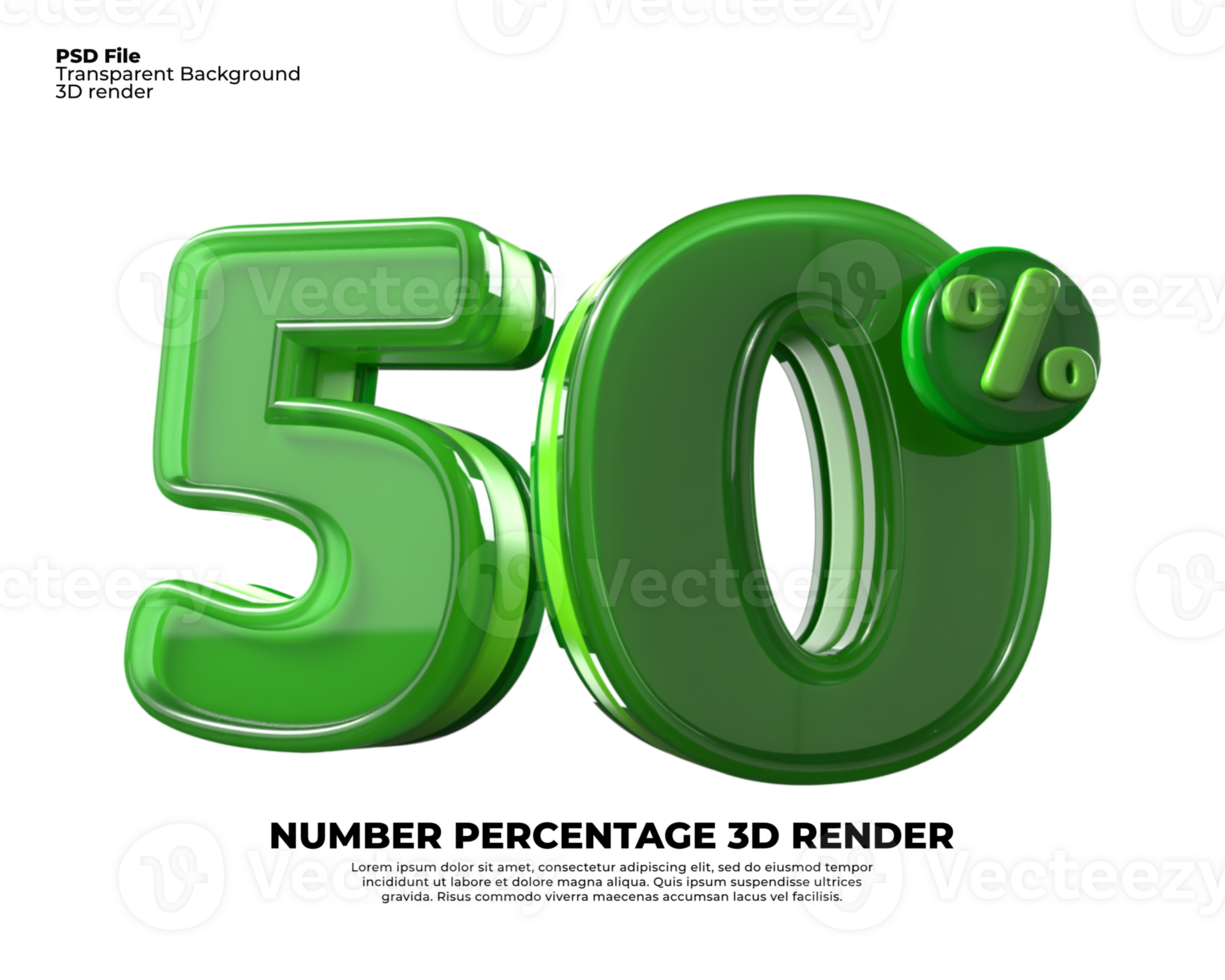 3D number 50 percentage sale discount green plastic png