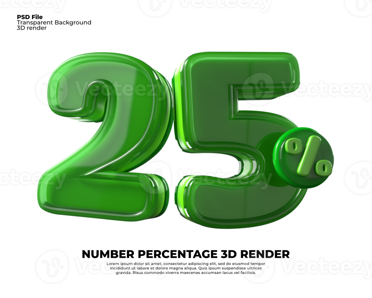 3D number 25 percentage sale discount green plastic png