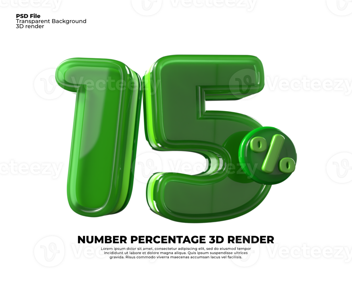 3D number 15 percentage sale discount green plastic png