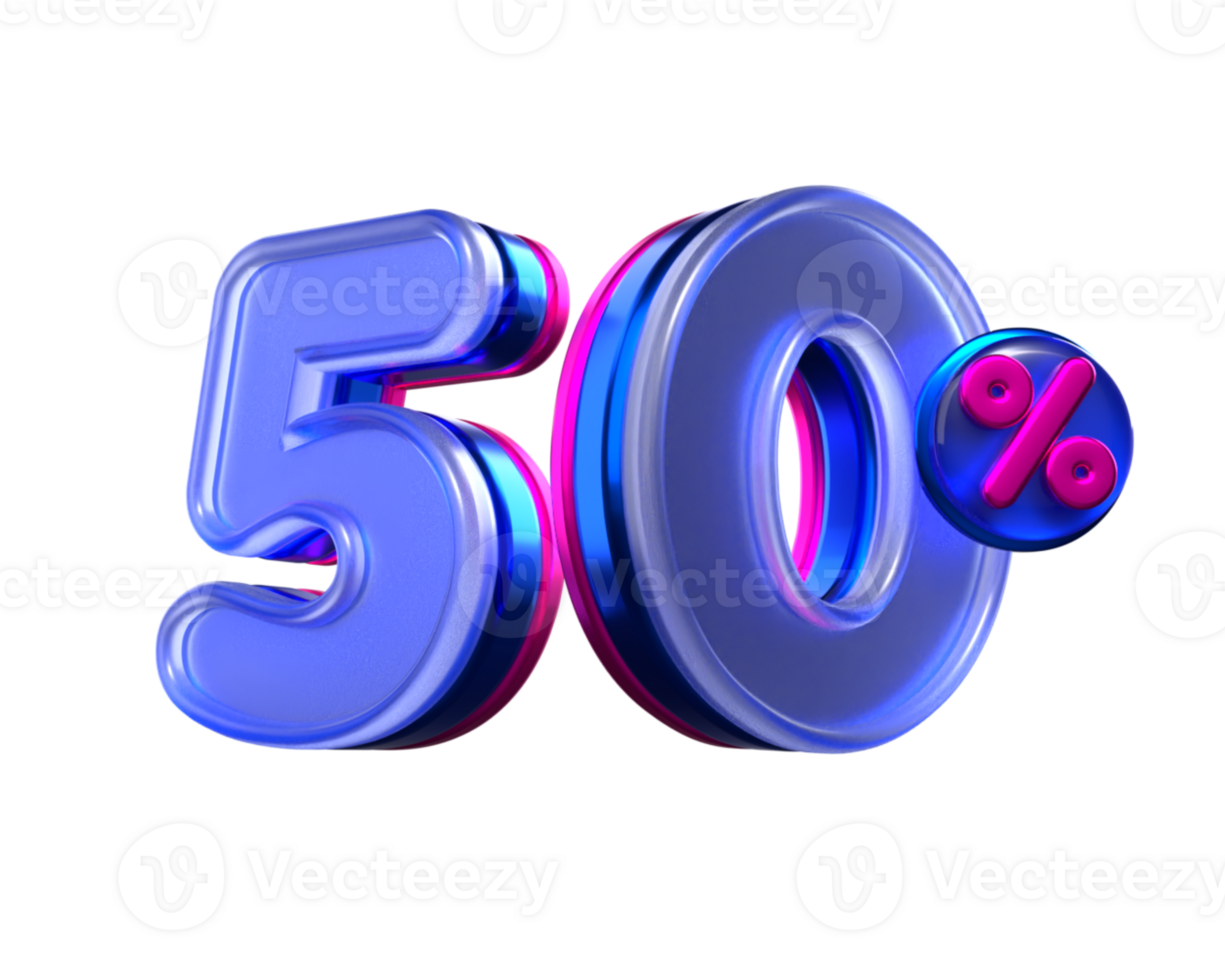 3D number 50 percentage sale discount purple, pink, neon colors