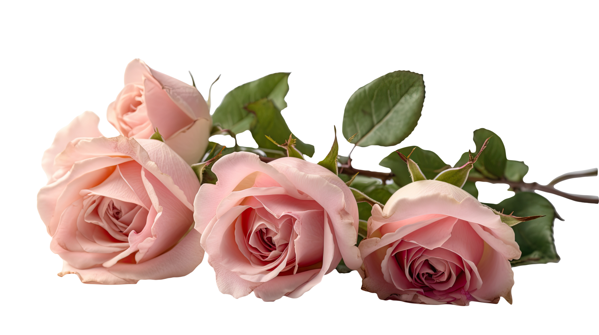 Photography of Beautiful Pink Roses and Leaves on Transparent Background. Generative AI