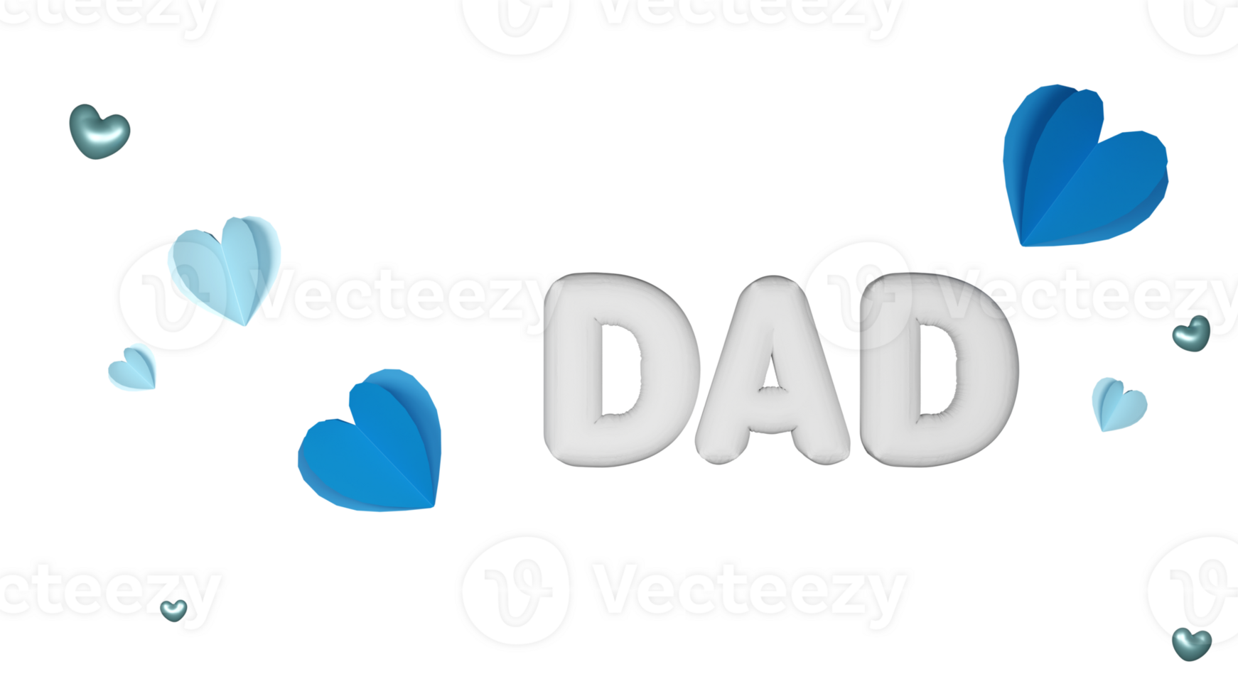 White Balloony DAD Text with Blue Hearts on Transparent Background for Father Day Celebration Concept. png