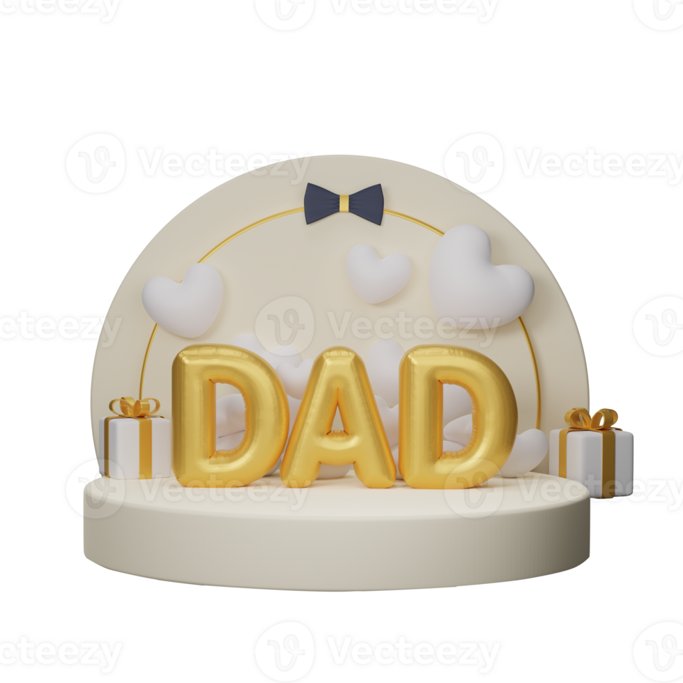 Golden Balloony DAD Text with Gift Boxes and Bow Tie on Circular Stage or Podium for Father Day Celebration Concept. 3D Render. png