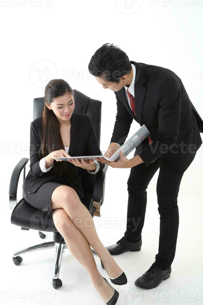 South east Asian young Chinese Indian man woman wearing formal business office ware on white background pose expression photo