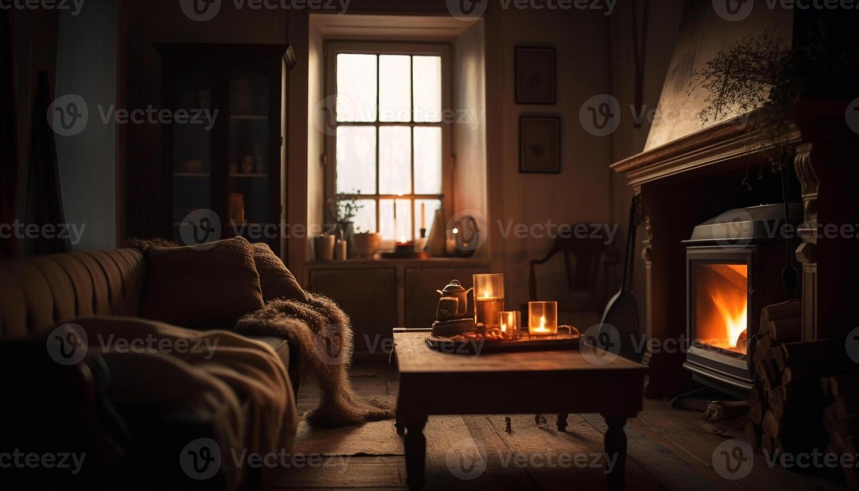 Wooden fire burning in cozy hearth fireplace generated by AI photo