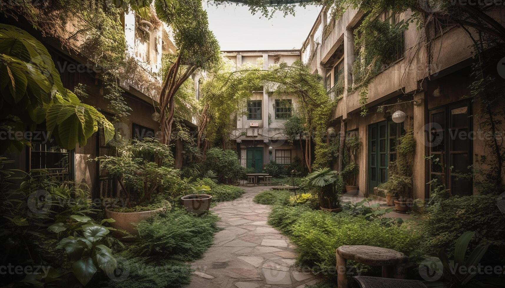 verde sendero Guías a antiguo edificio patio generado por ai foto