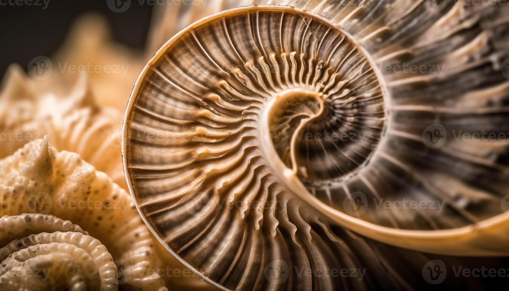 Spiral seashell, ancient fossil, beautiful nature design generated by AI photo