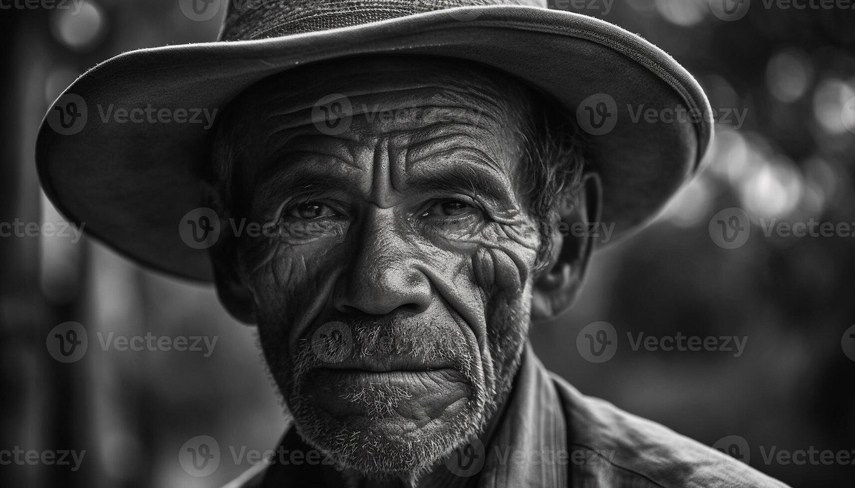 antiguo granjero en Paja sombrero sonriente al aire libre generado por ai foto