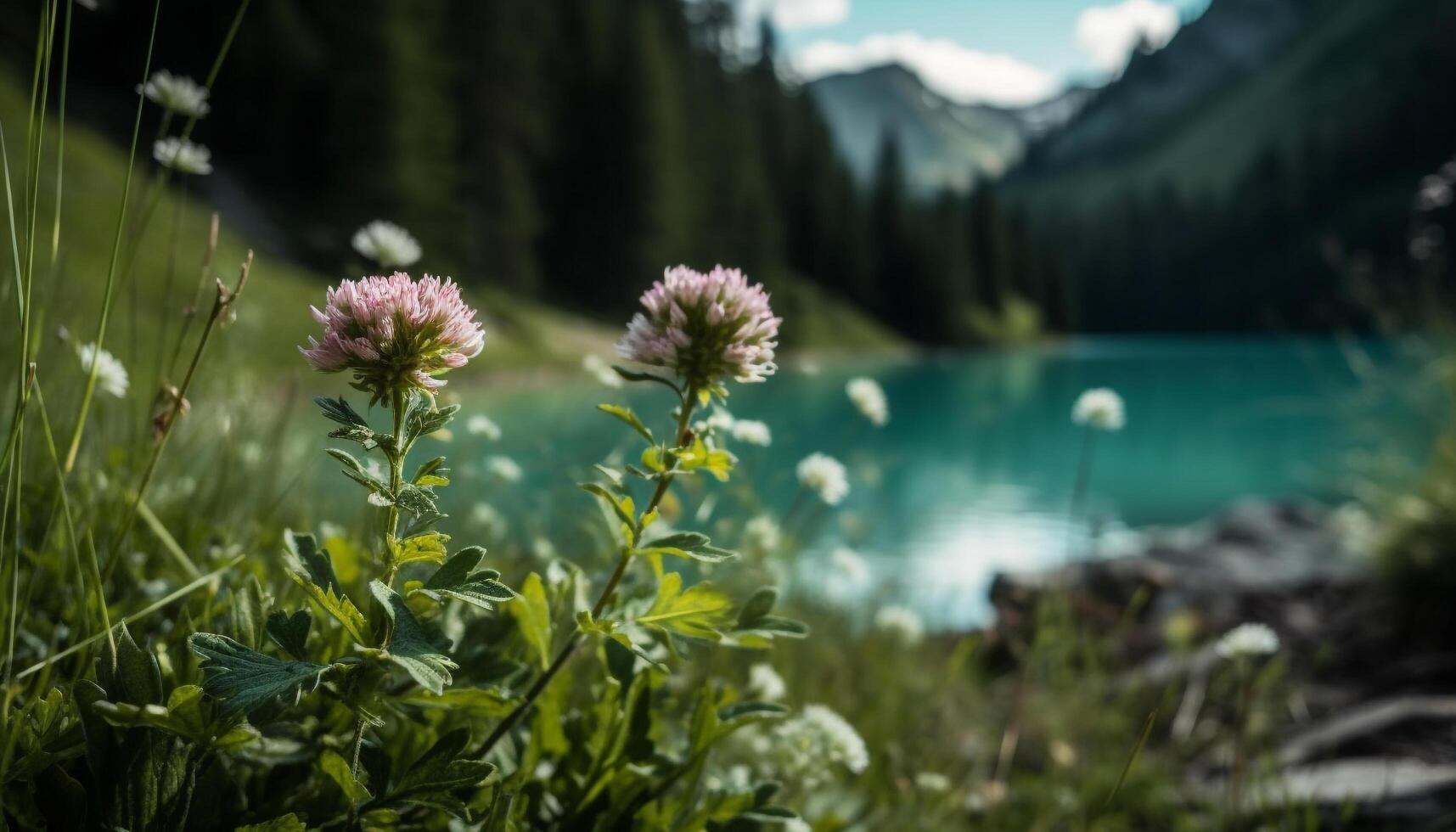 Fresh green grass and wildflowers in meadow generated by AI photo