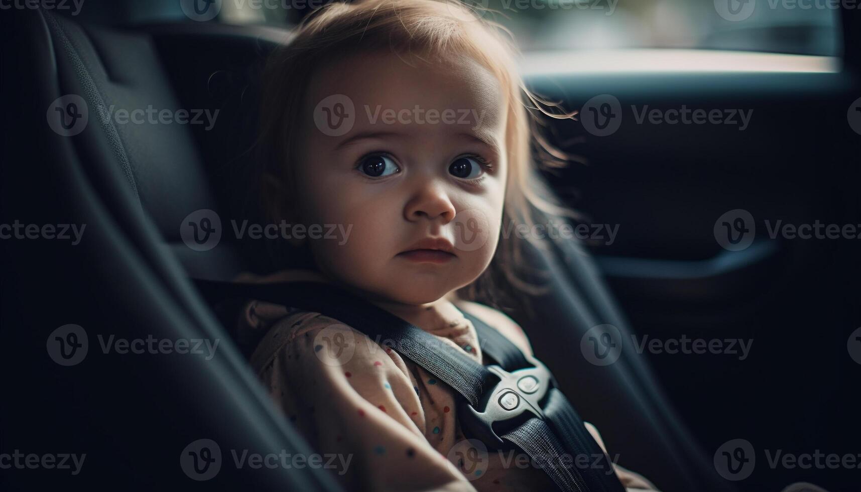 Cute baby boy sitting in car seat generated by AI photo