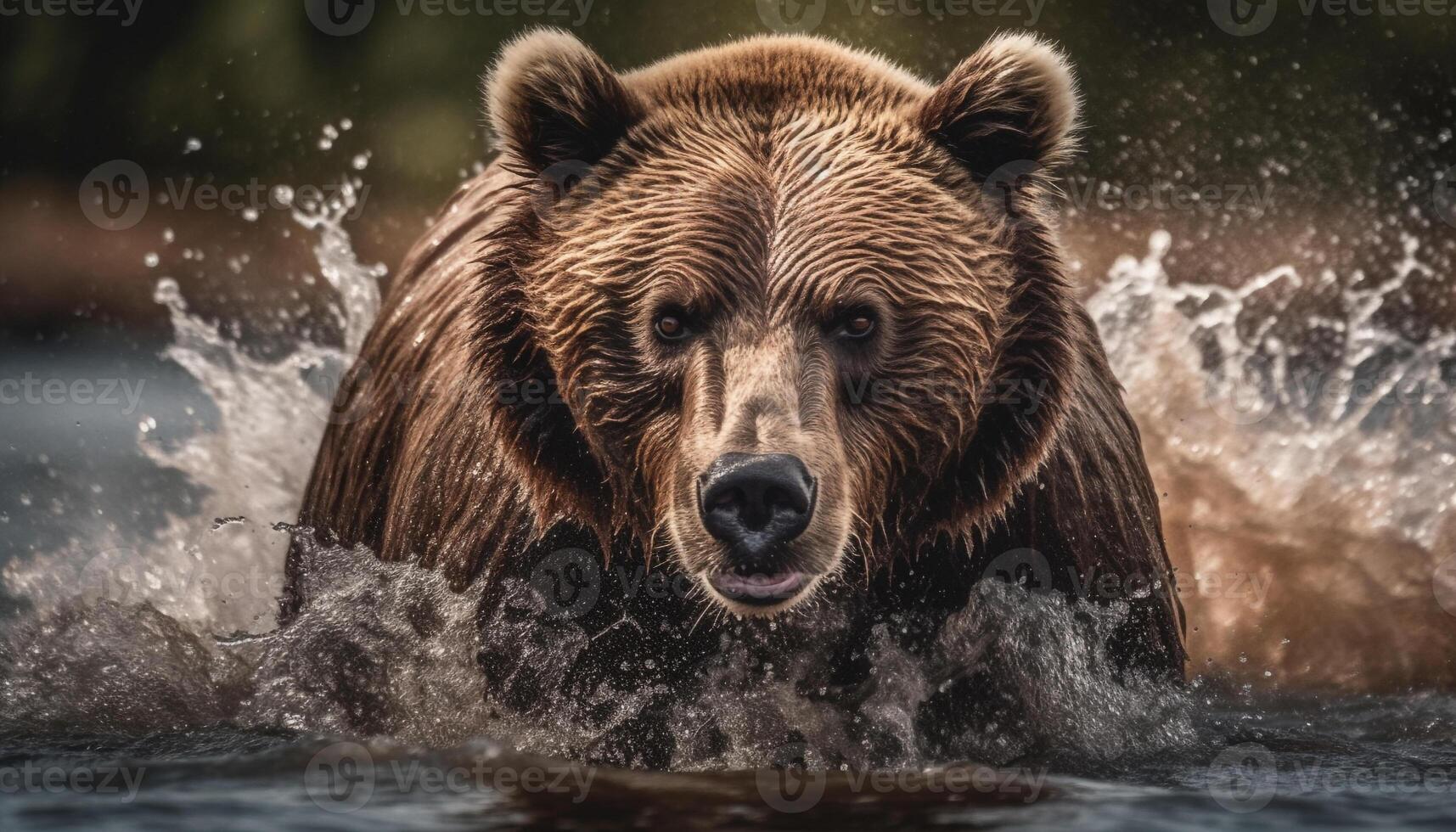 Majestic grizzly bear fishing in rapid water generated by AI photo