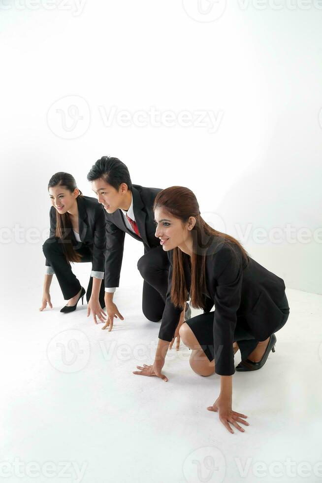 South East Asian young Chinese Indian Malay headscarf man woman wearing formal business office ware on white background race sun sit start up photo