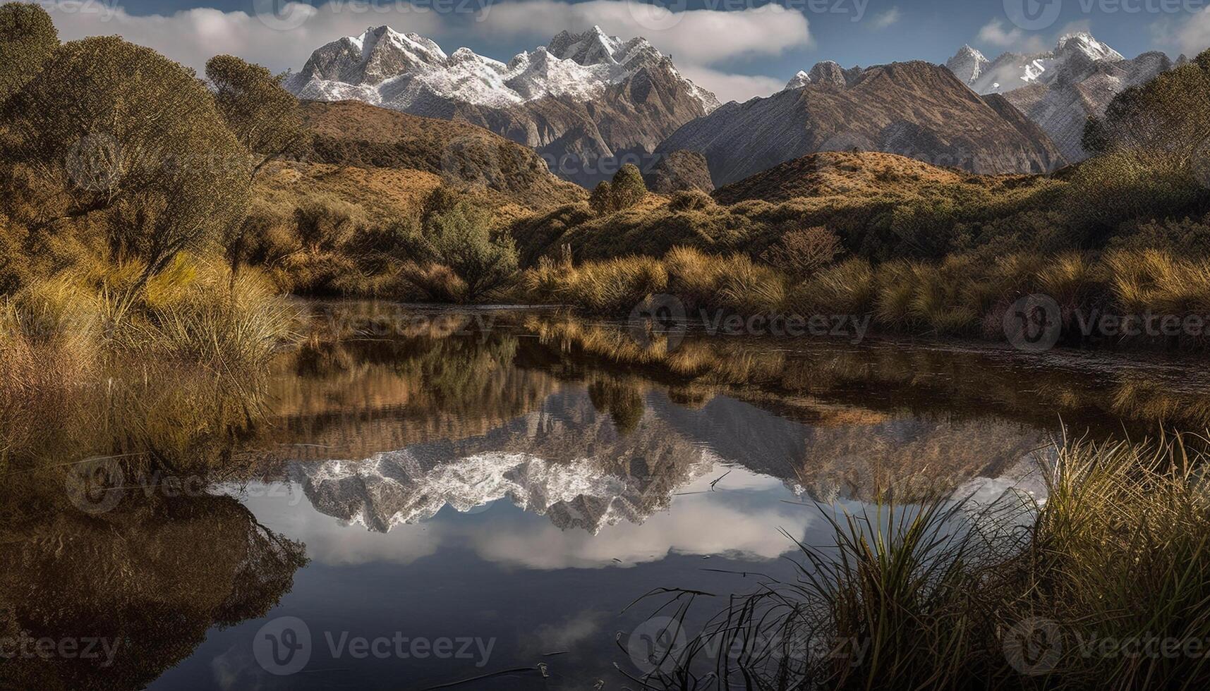 tranquilo escena de majestuoso montaña rango reflejando belleza generado por ai foto