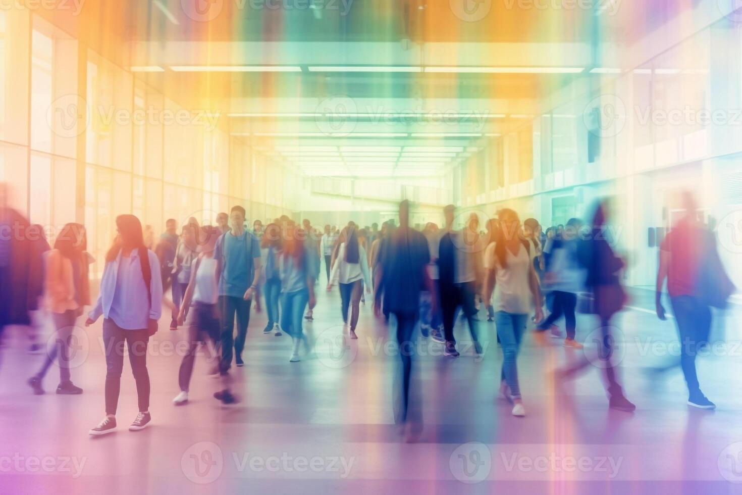 blurred group of young students going to class in fast movement, photo