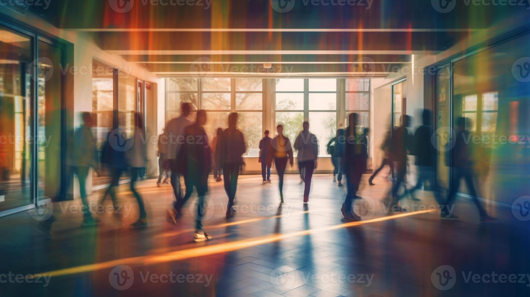 blurred group of young students going to class in fast movement, photo