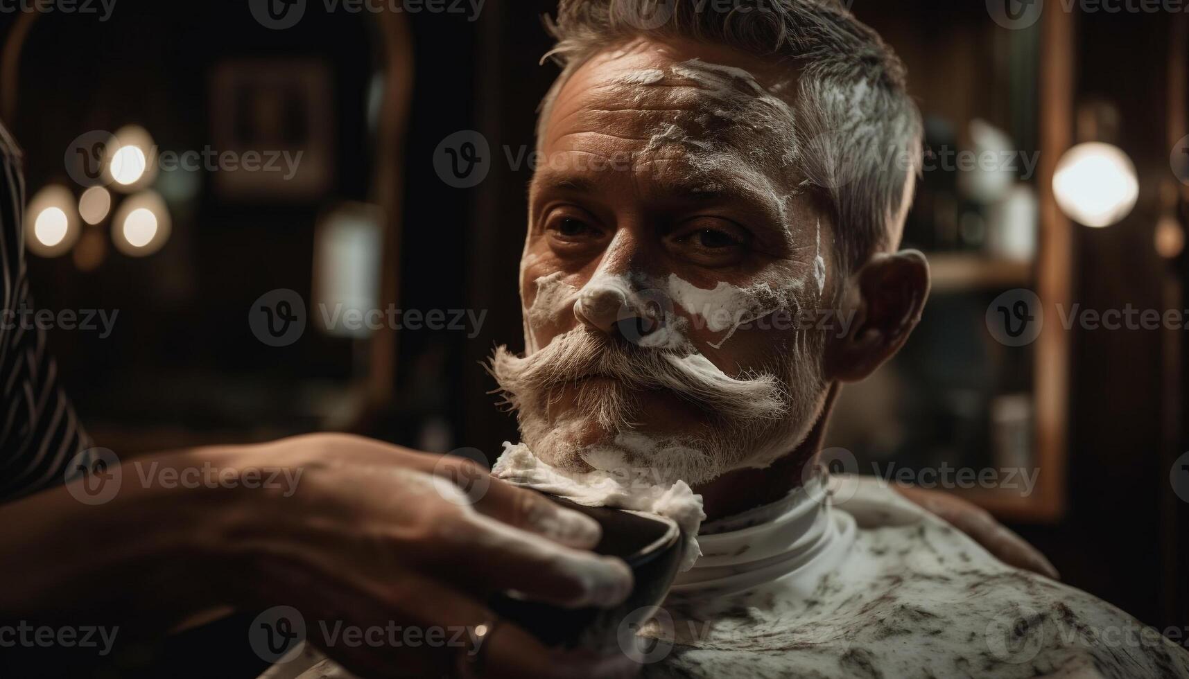 Bearded man smiles as barber prepares shave generated by AI photo