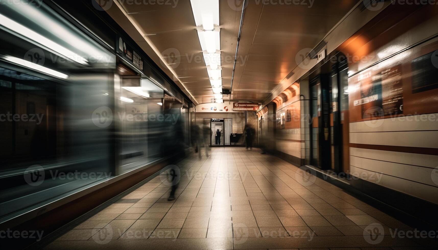 Walking commuters rush through futuristic subway station generated by AI photo