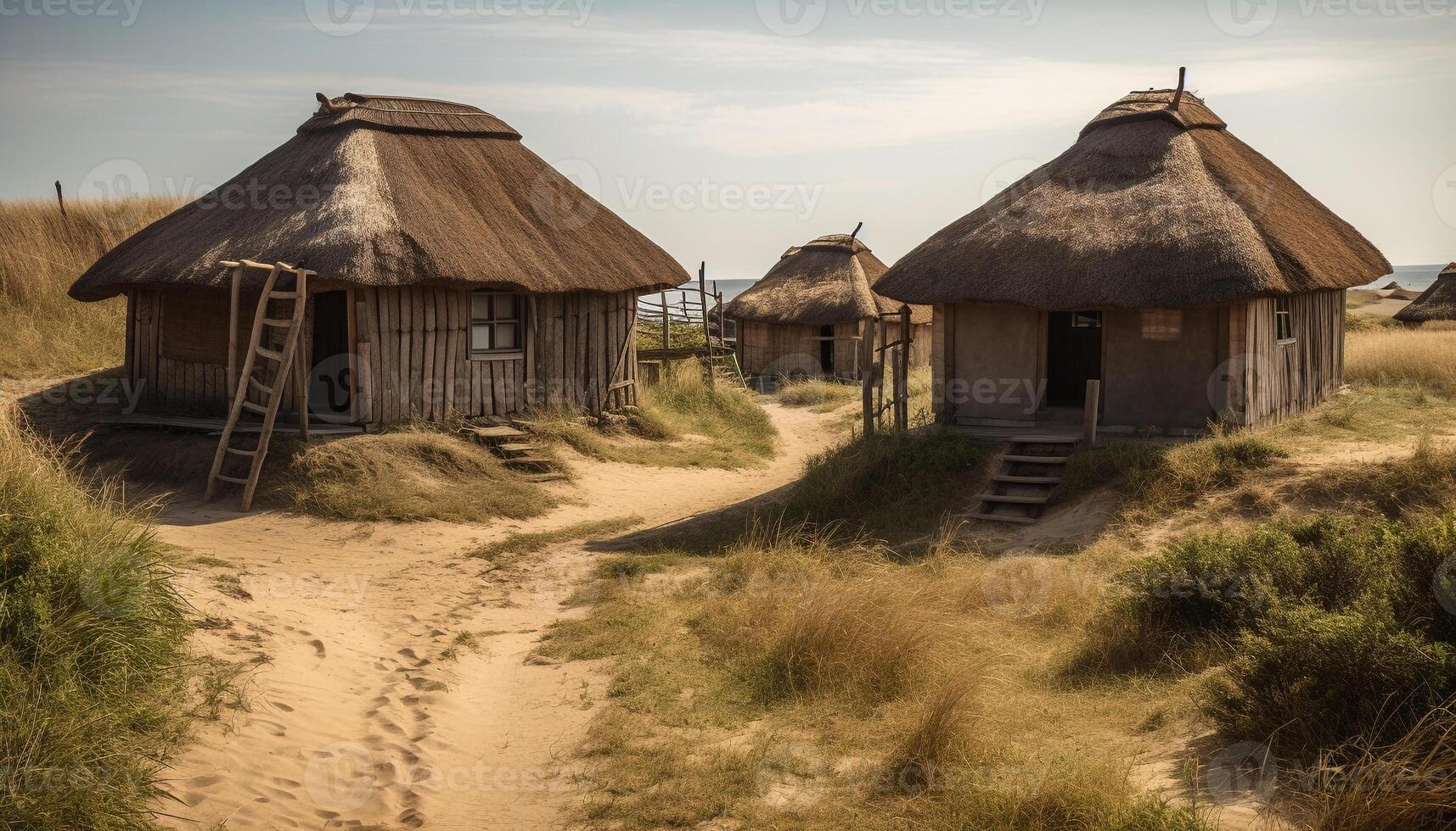 Thatched hut stands tall amidst rural nature generated by AI photo