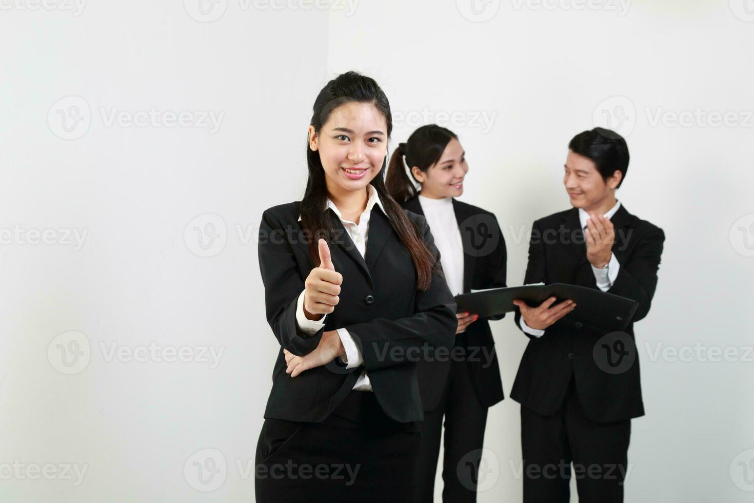 Young Asian man woman wearing business office suit stand white background photo