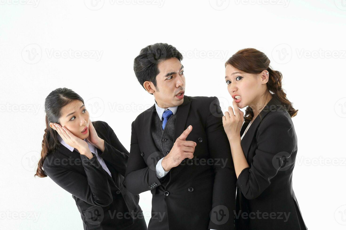 Southeast Asian young office business man woman wearing suit stand expressions talk gossip whisper on white studio background photo