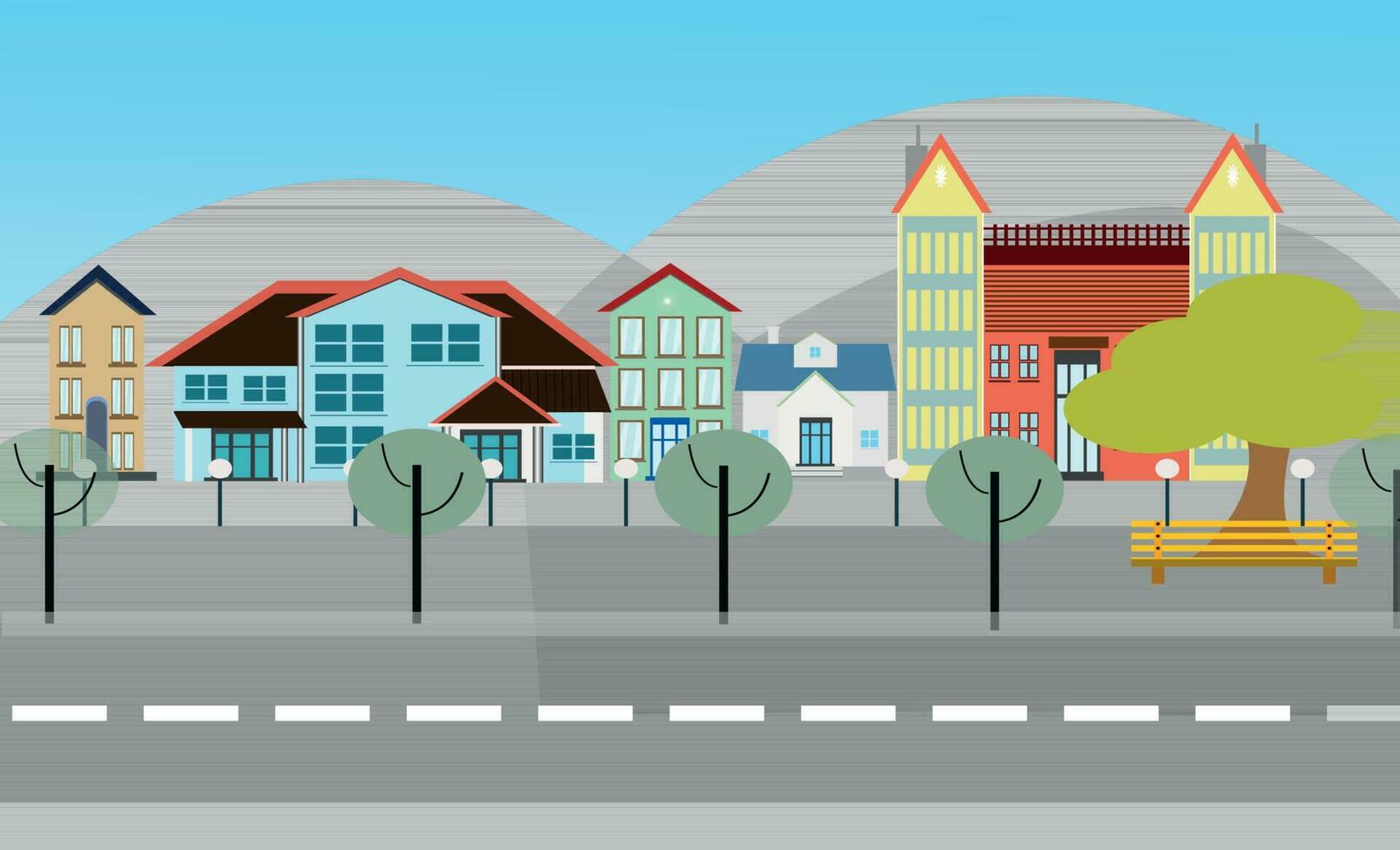 Vector illustration background  scene with road trees and bench or hill to city illustration home and house.