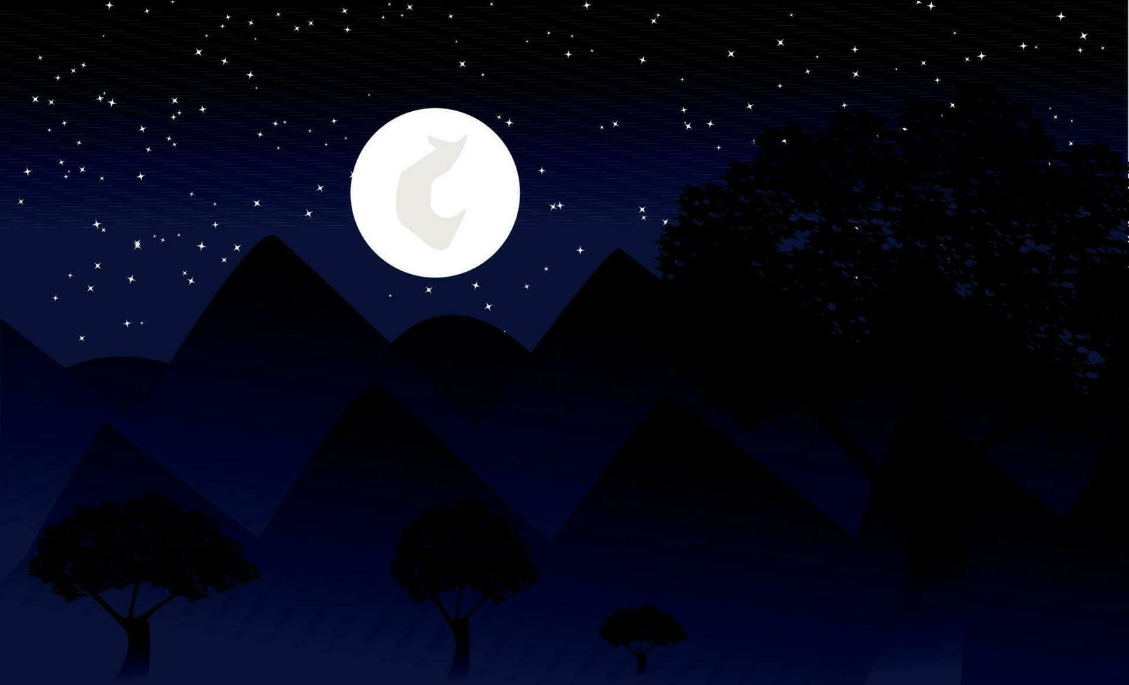 Vector background illustration of a  night mountain landscape with  trees under the sky with moon and stars ,simple cartoon style.